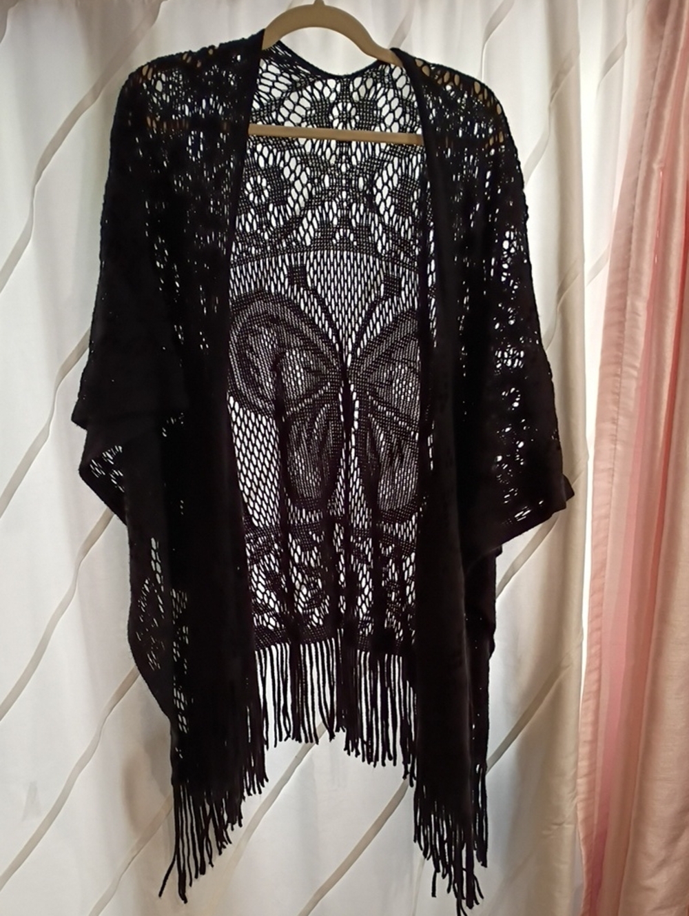 Black Crochet Fringe Kimono Cardigan, Butterfly Print One Size Fits All